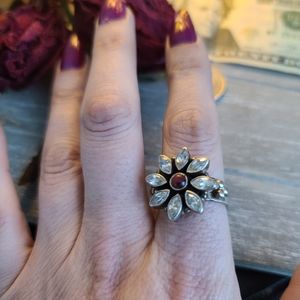 Sterling Silver India red clear stone ring sz 8